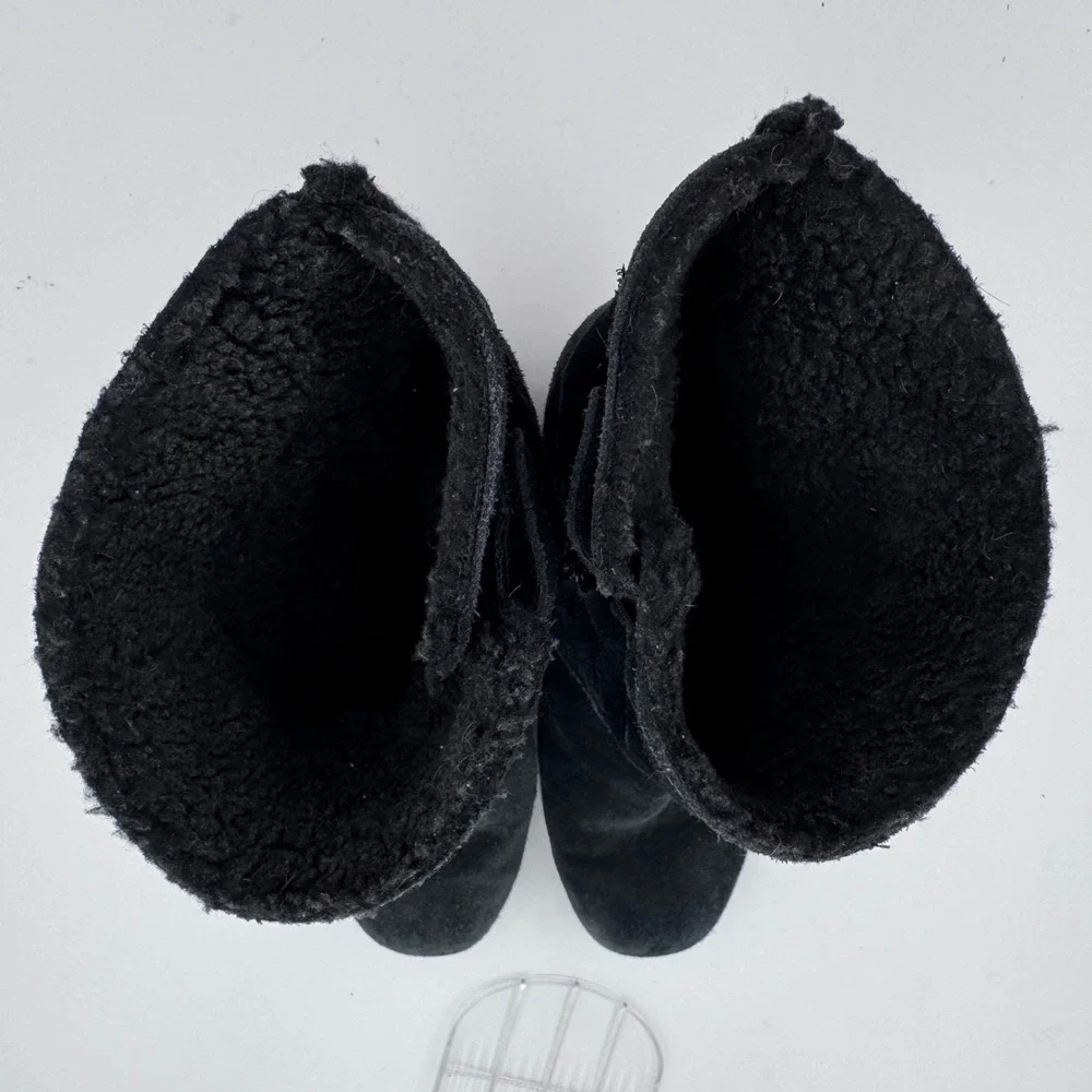 Clarks Womens Black Suede Faux‎ Fur Lined Ankle Boots Block Heel Size 7W 39384